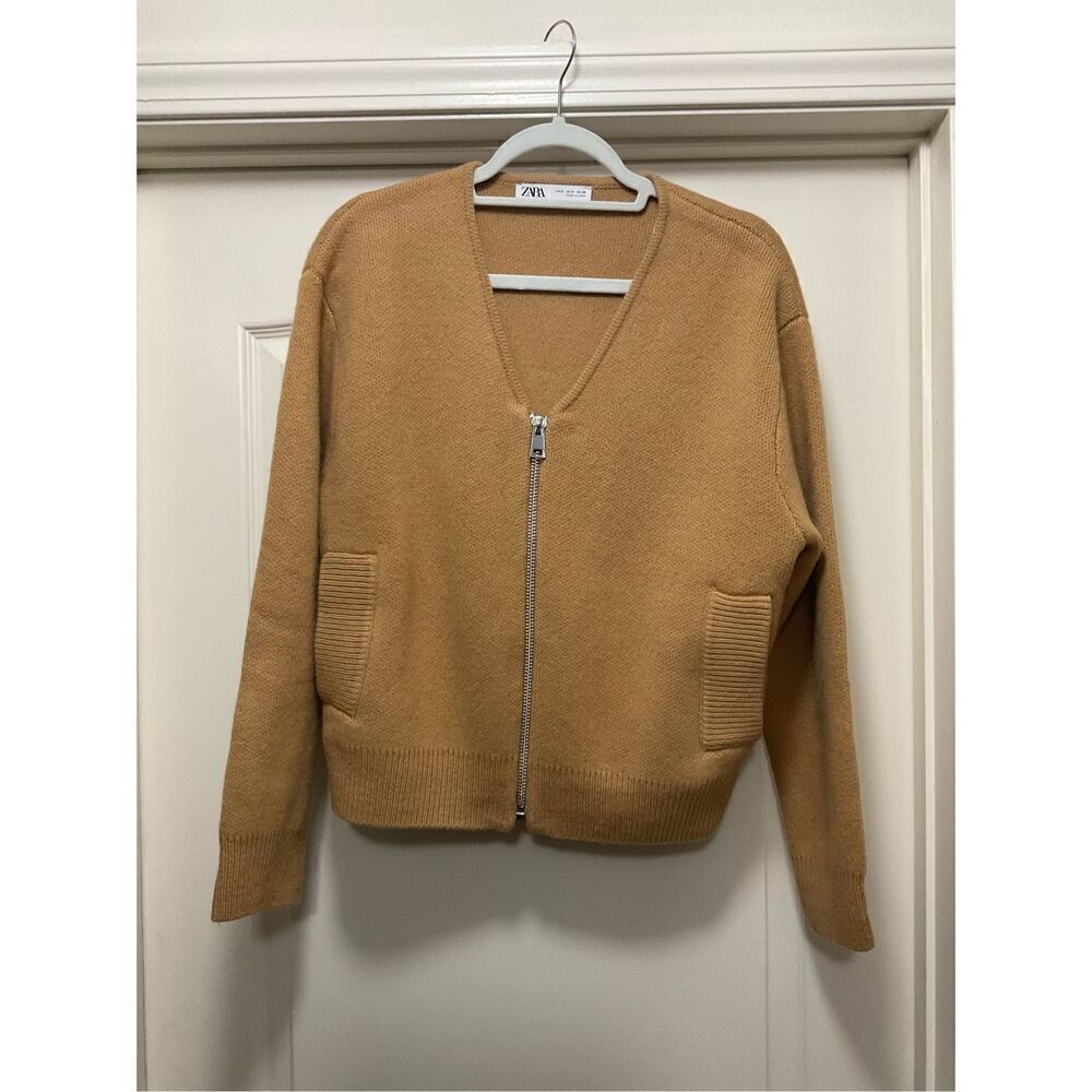 Wool Zara Camel Colored Wool Varsity Style Zipped Cardigan (Size S)